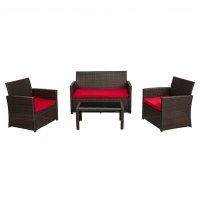 Brown 4-Piece Rattan Polyethylene Resin Wicker Patio Conversation Set with Red Cushions