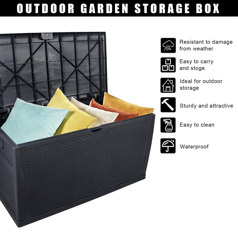 Black Plastic Wicker Lockable Deck Box with 120 Gallon Capacity