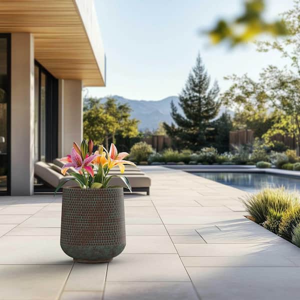 13 in. Medium Muted Teal (Enhanced Interior) Concrete Round Planter / Pot with Drainage Holes