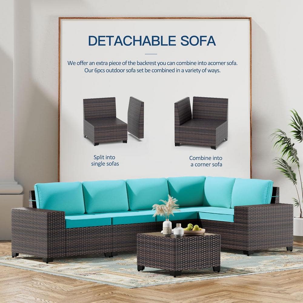 5-Piece Brown Steel Frame Outdoor Sectional Sofa with Blue Cushions