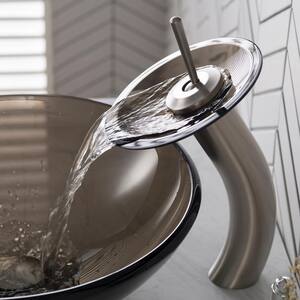 Single Handle Waterfall Bathroom Vessel Sink Faucet in Satin Nickel with Glass Disk in Brown