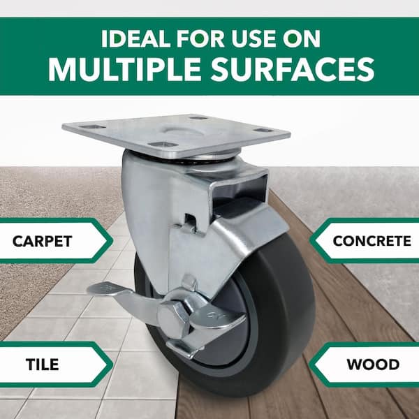 Everbilt - 4 in. Gray Rubber Like TPR and Steel Swivel Plate Caster with Locking Brake and 250 lb. Load Rating