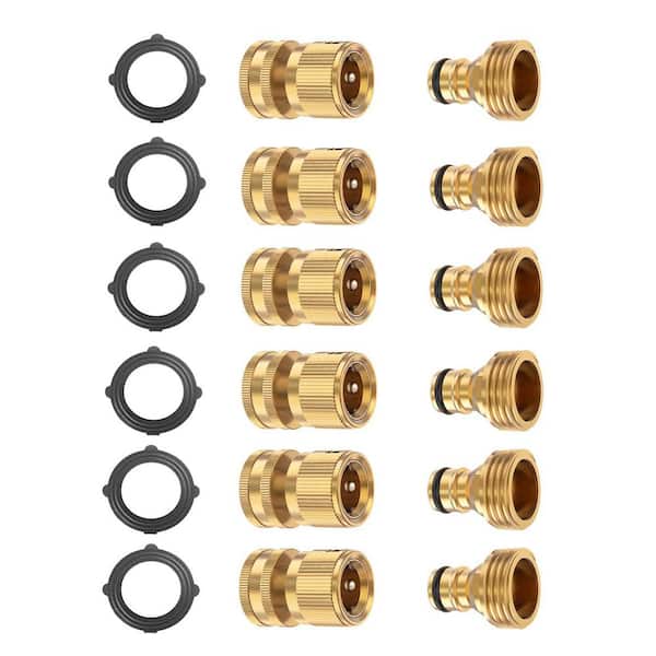6-Set Garden Hose Quick Connector, Solid Brass 0.75 in. Water Thread Fittings, Easy Connect No-Leak Male Female