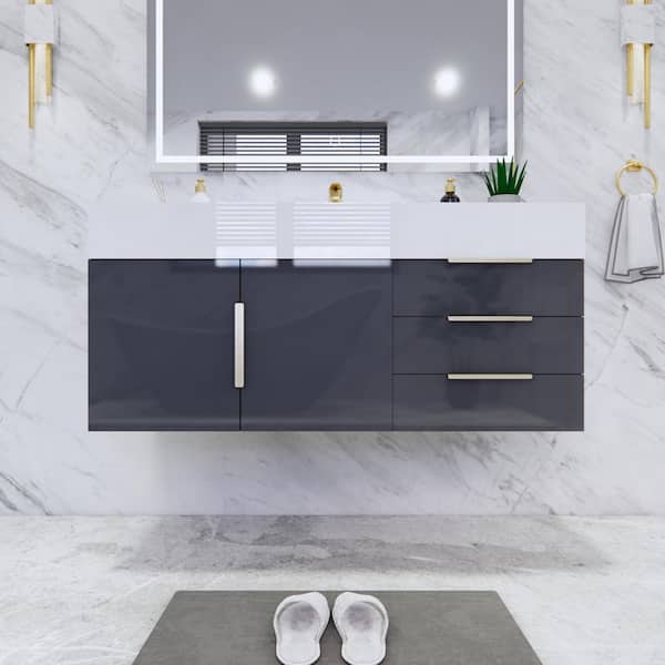 Bethany 47 in. W x 20 in. D x 22 in. H Single Sink Floating Bath Vanity in Gloss Gray with White Acrylic Top