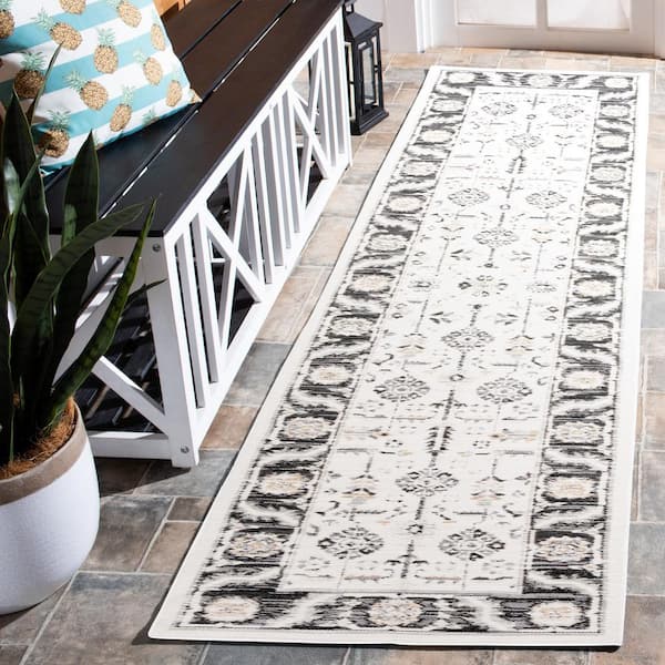 Sunrise Ivory/Gray Black 2 ft. x 8 ft. Ornate Border Reversible Indoor/Outdoor Runner Rug