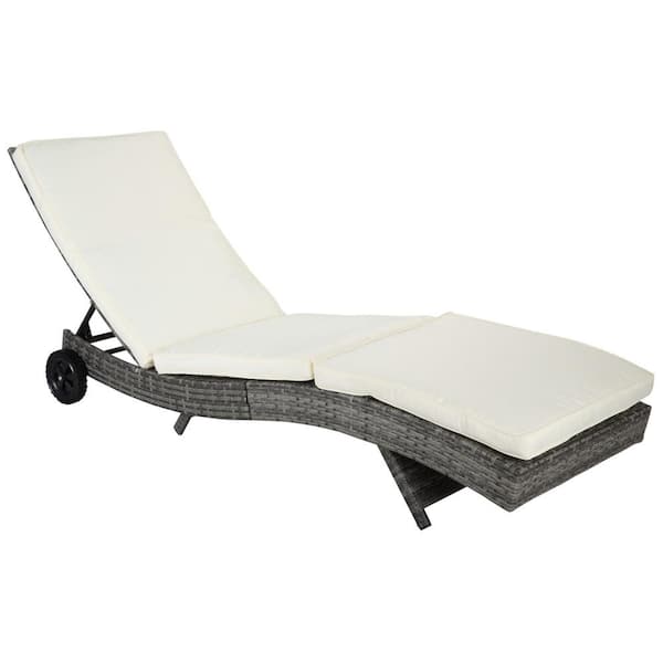 Sudzendf Gray Wicker Outdoor Chaise Lounge with White Cushion, 5-Level Adjustable Backrest and Wheels