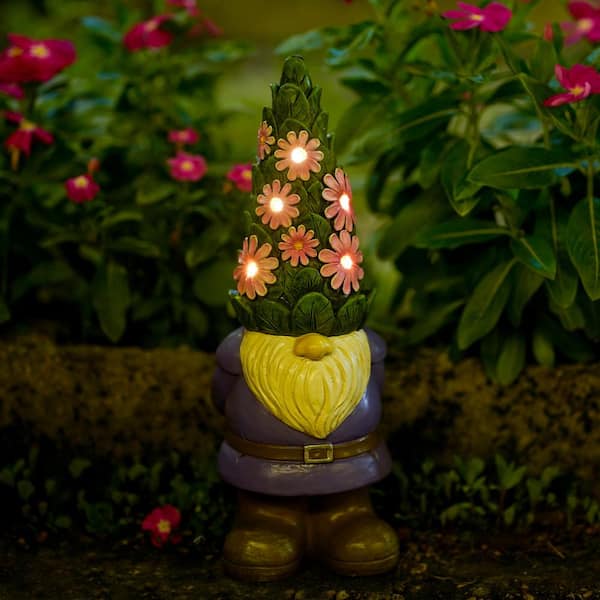 Solar Garden Gnome Statue- Standing Gnome with Glowing Flowers and 5 LED  Lights, Summer Dwarf Garden Decorations