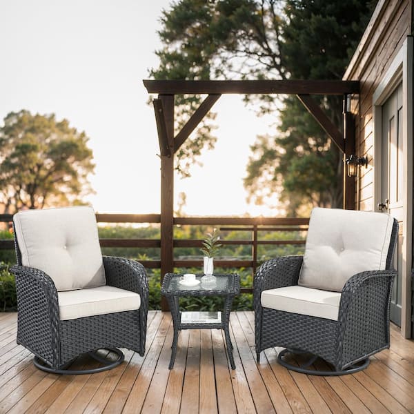 Black 3-Piece Swivel Glider Wicker Outdoor Rocking Chair with Beige Cushions and Side Table