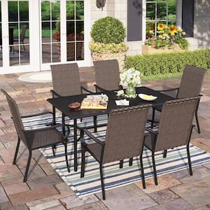 7-Piece Metal Outdoor Dining Set with Slat Table-top and Curved Armrest High-Back Rattan Chairs