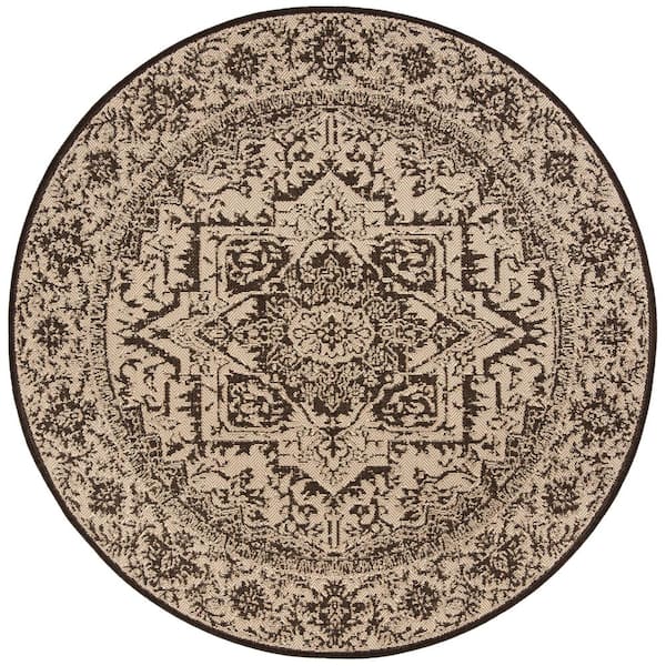 Beach House Cream/Brown 7 ft. x 7 ft. Round Oriental Indoor/Outdoor Patio Area Rug