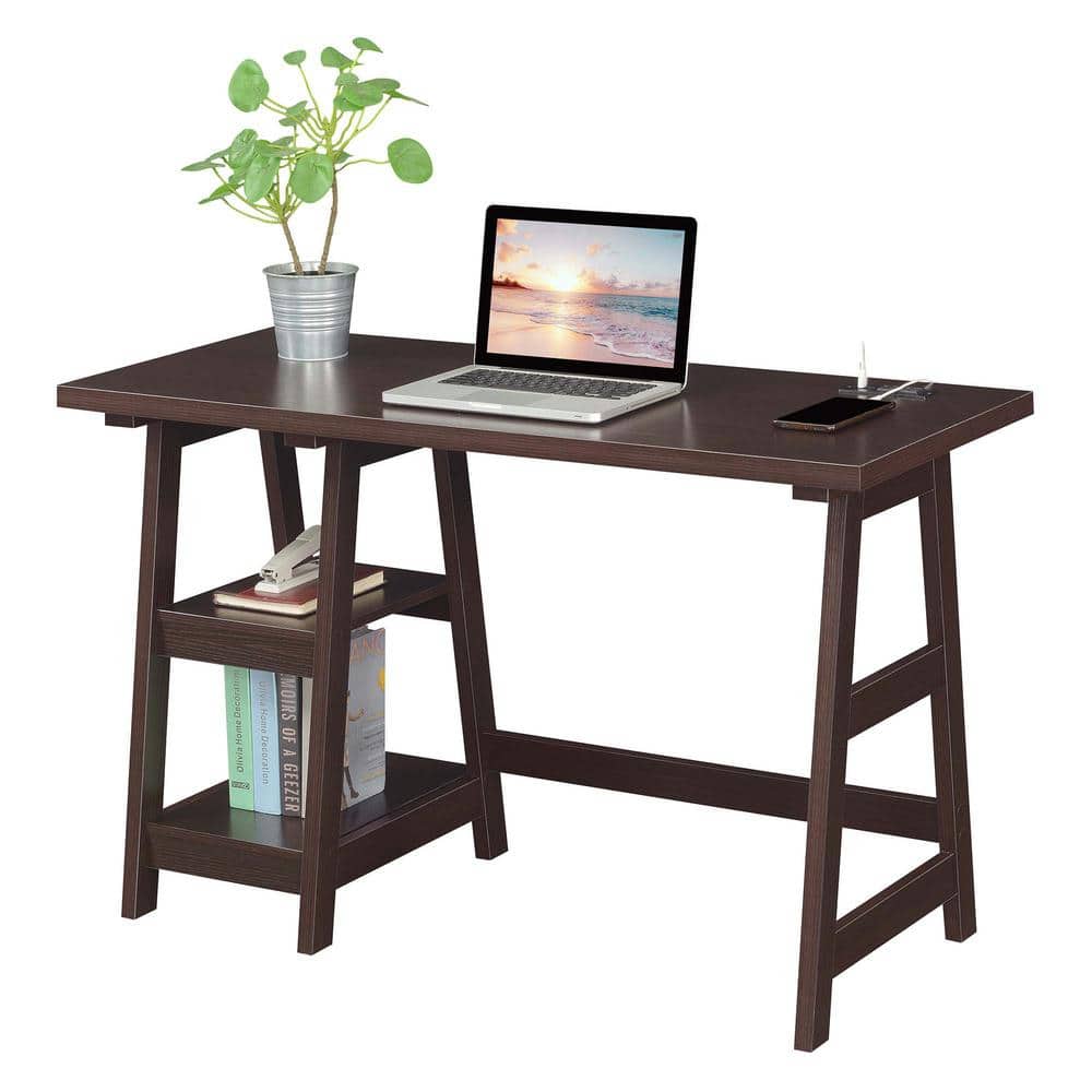 Espresso Wood Trestle Desk with USB Charging Station