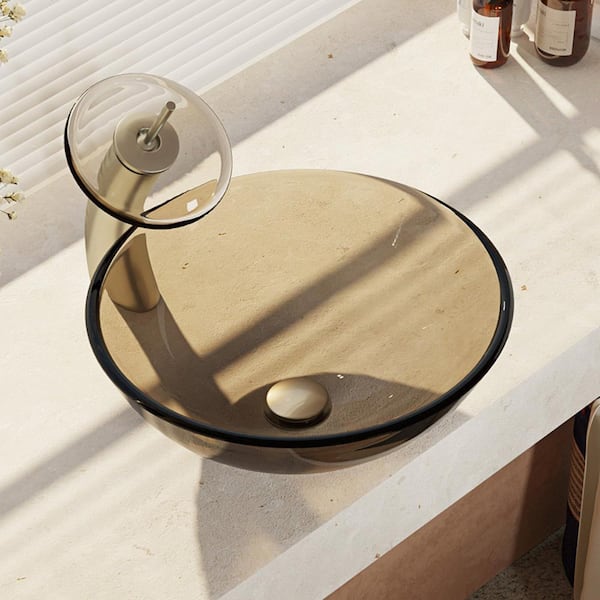 Rene Glass Vessel Sink in Cashmere with Waterfall Faucet and Pop-Up Drain in Brushed Nickel