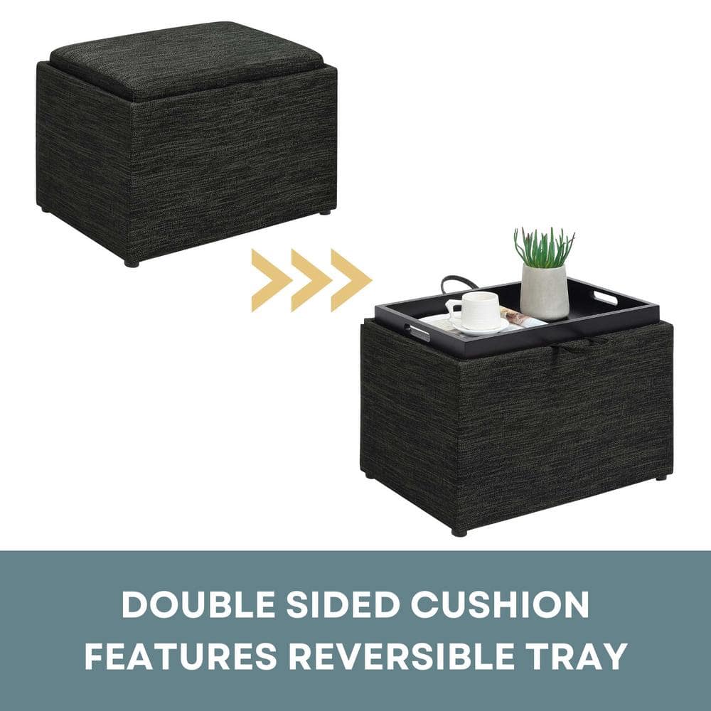 Modern Dark Charcoal Gray Fabric Storage Ottoman with Reversible Tray, 23"