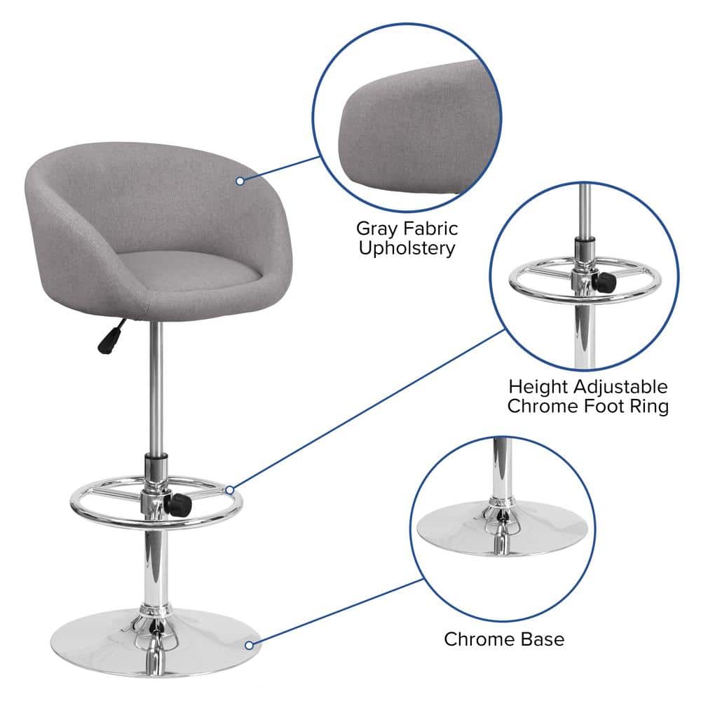Gray Fabric Adjustable Height Swivel Barstool with Chrome Base