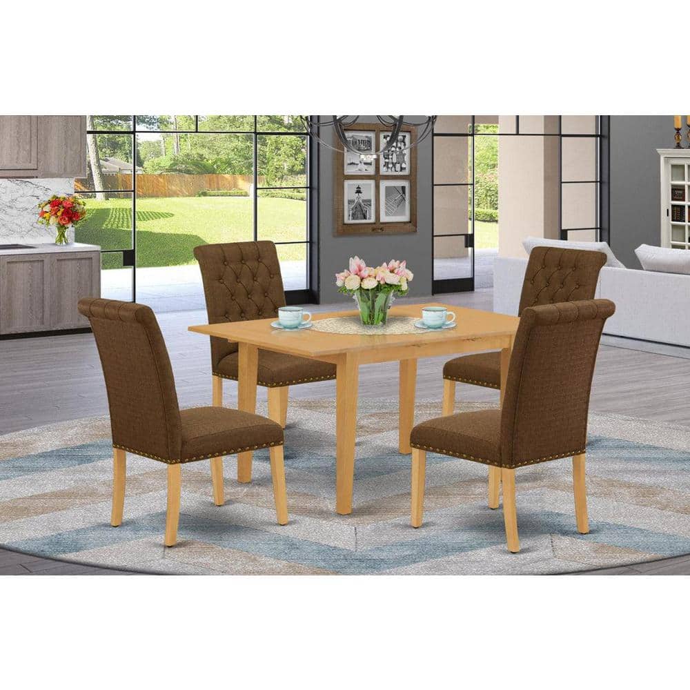 5-Piece Natural Oak Finish Solid Wood Top - Rectangular Dining Room Set with Butterfly Leaf - Seats 4