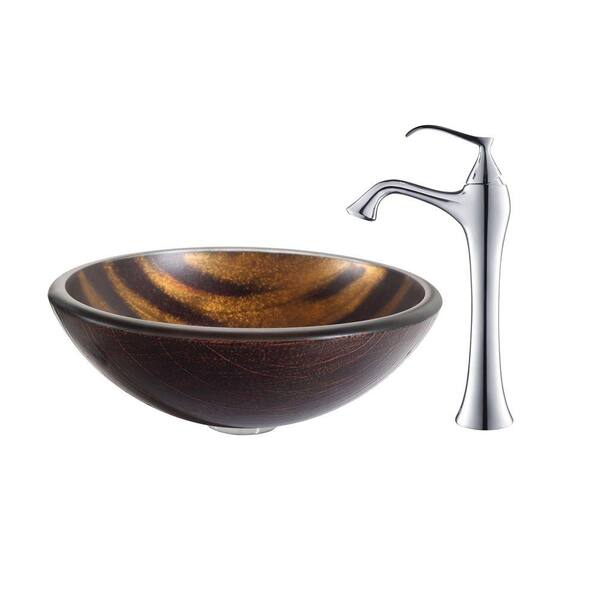 KRAUS Bastet Glass Vessel Sink in Brown with Ventus Faucet in Chrome