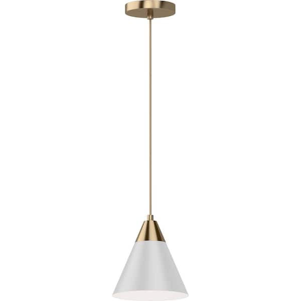 Volume Lighting 1-Light Antique Gold and White Mini Shaded Pendant Light with Cone Metal Shade