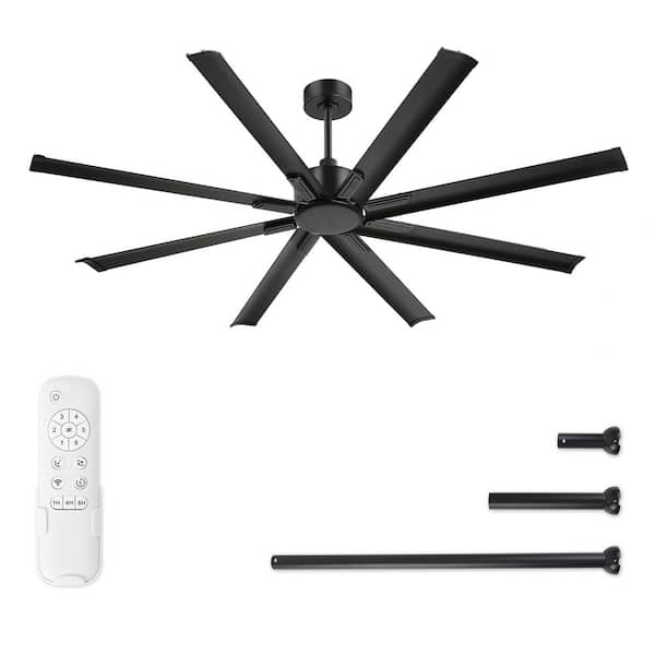 72 in. Black Indoor/Outdoor Ceiling Fan Without Light Remote DC Motor 8-Aluminum Blades for Living Room Downrod Standard