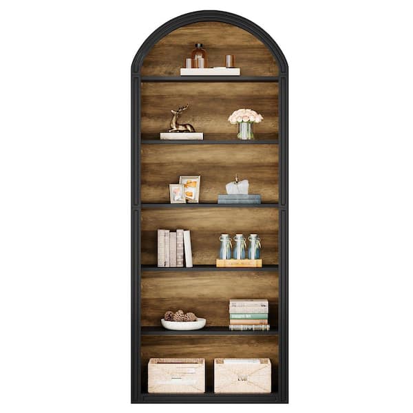 Eulas 75.98 in. Tall Brown and Black Wood 6-Shelf Etagere Bookcase with Semi-Circular Top Design