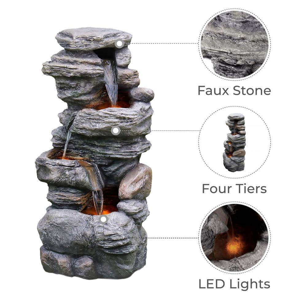 Teamson Home Gray 4-Tier Faux Stone Water Fountain with LED Lights