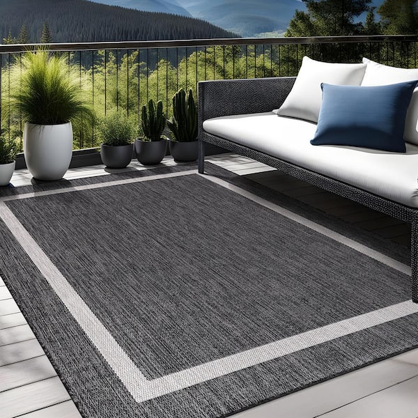 5 X 7 Dark Gray White Waikiki Modern Bordered Indoor Outdoor Area Rug