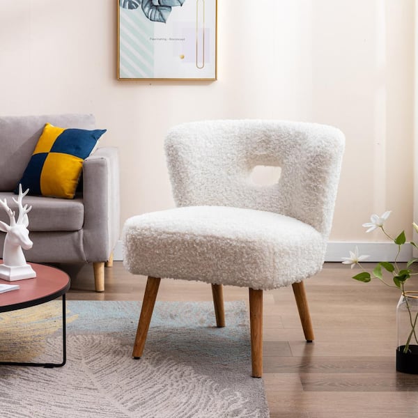 Seafuloy 31.3 in. H White Dining Chair Faux Lambswool Lounge Open Back with Solid Wood Legs