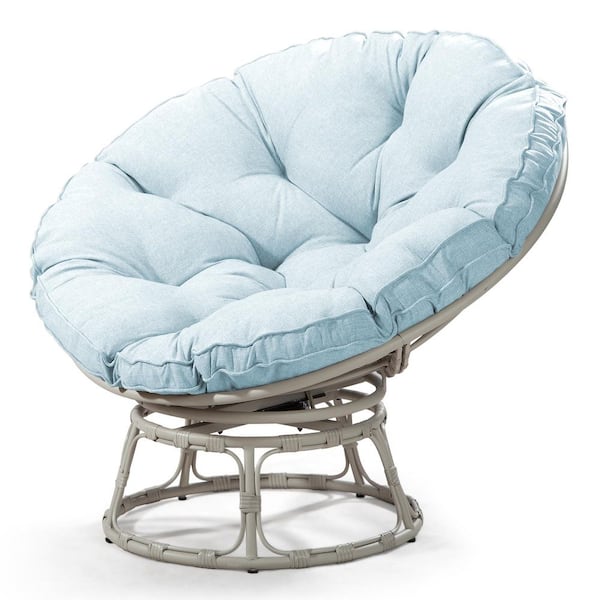 Gray Wicker Papasan Chair with Lightblue Cushions, Swivel Patio Lounge Chair for Garden Bistro Garden Balcony