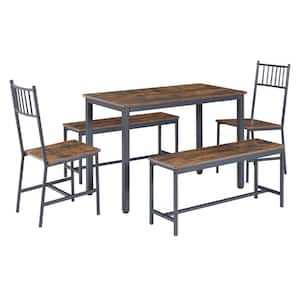 5-Piece Metal Outdoor Dining Set with 2-Benches 2-Chairs, Industrial Dining Table for Kitchen Breakfast Table, Brown