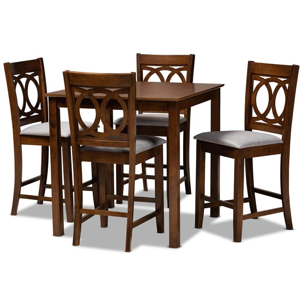 Walnut Brown 5-Piece Wood Pub Set with Grey Upholstered Chairs