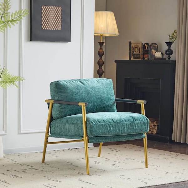 Modern Upholstered Accent Chair Armchair with Gold Metal and Solid Wood Frame, Teal Blue