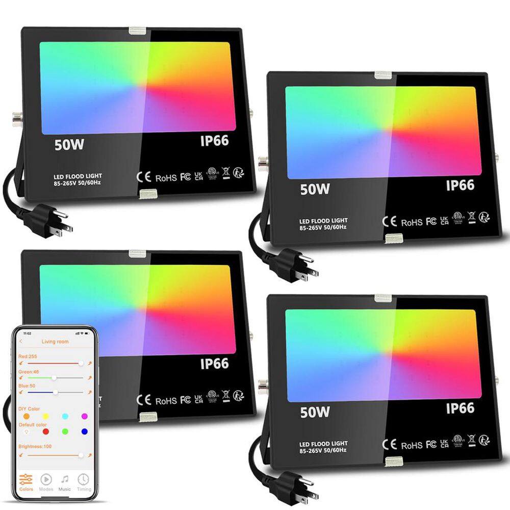 500W Equivalent Plug-in Integrated LED Black Landscape Flood Lighting with APP Control, 5000LM, IP66 Waterproof, 4-Pack price history on PriceWatchPro