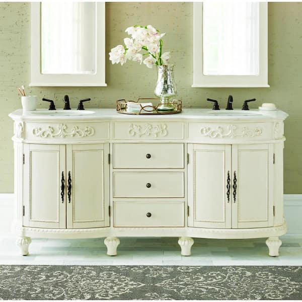 Home Decorators Collection Chelsea 72 in W x 22 in D x 35 in H Double Sink Freestanding Vanity in Off White w/ White Engineered Solid Surface Top