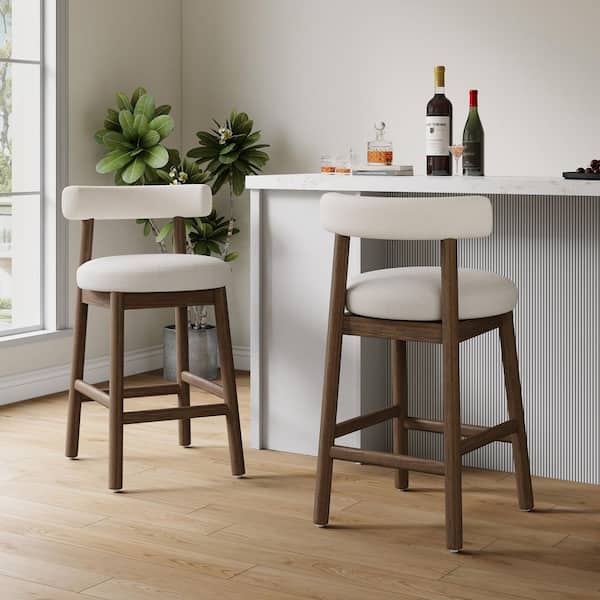 35.75 in. H Walnut and Beige Solid Rubber Wood Frame Counter Bar Stool Set of 2 with Curved Back, Crossbars