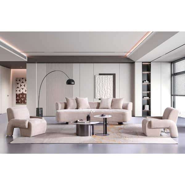Verandah 3-Piece Mid-Century Modern Beige Chenille Upholstered XL Sofa and Accent Chair Living Room Set