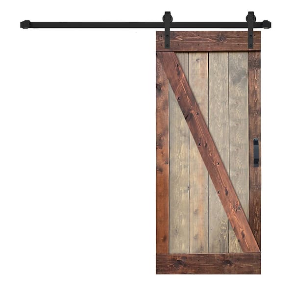 ISLIFE Z Series 36 in. W x 84 in. H Brown / Walnut Finished Solid Wood Sliding Barn Door with Hardware Kit - Assembly Needed