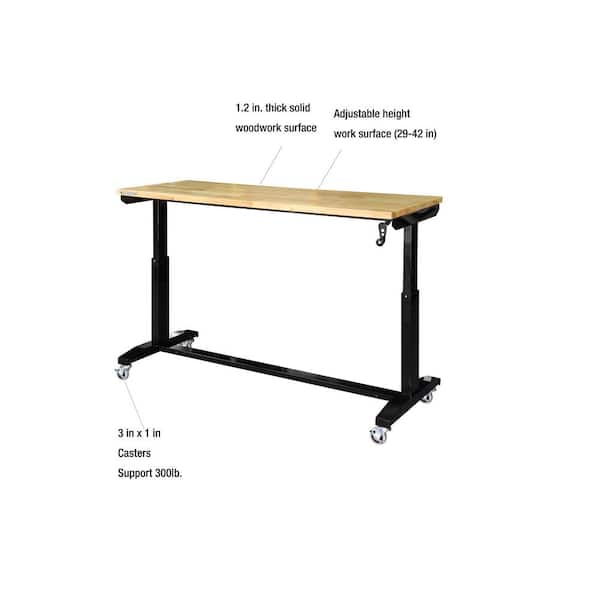 62 in. W x 24 in. D Adjustable Height Black Workbench Table with Solid Wood Top