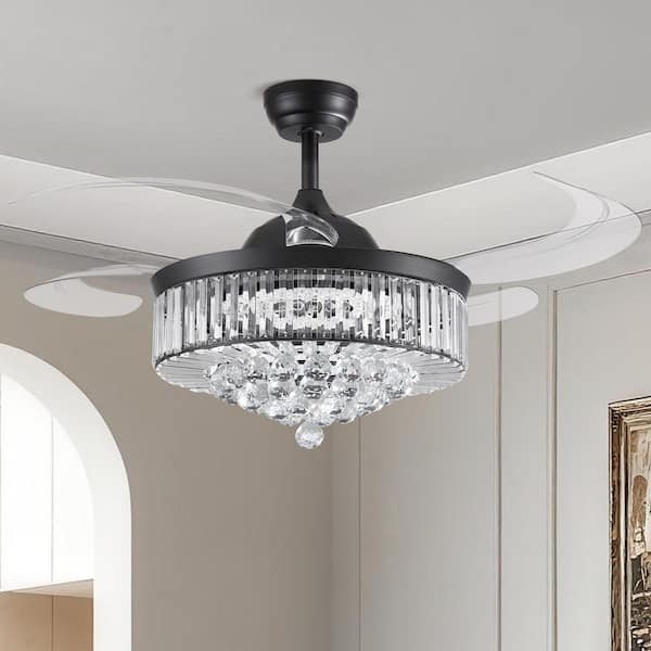48 in. Indoor Modern Black Smart Retractable Crystal Ceiling Fan with LED Light and Remote,Downrod Mount Chandelier Fan