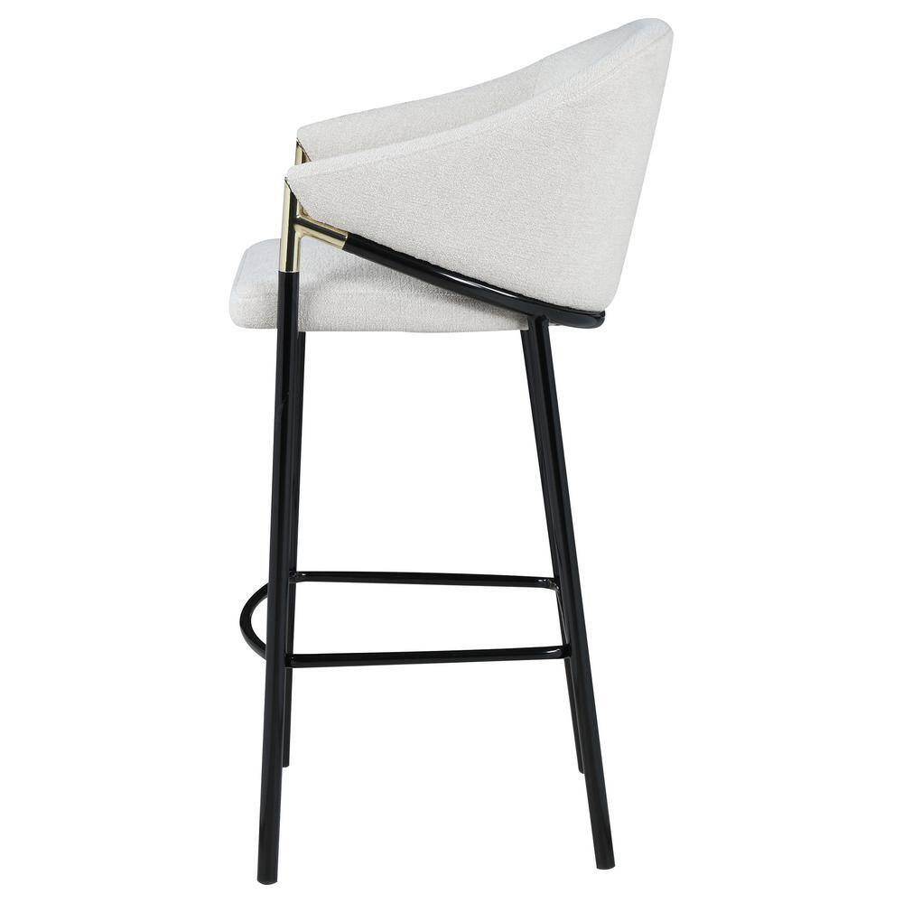 Beige Fabric and Black Metal Bar Height Stools with Sloped Arms