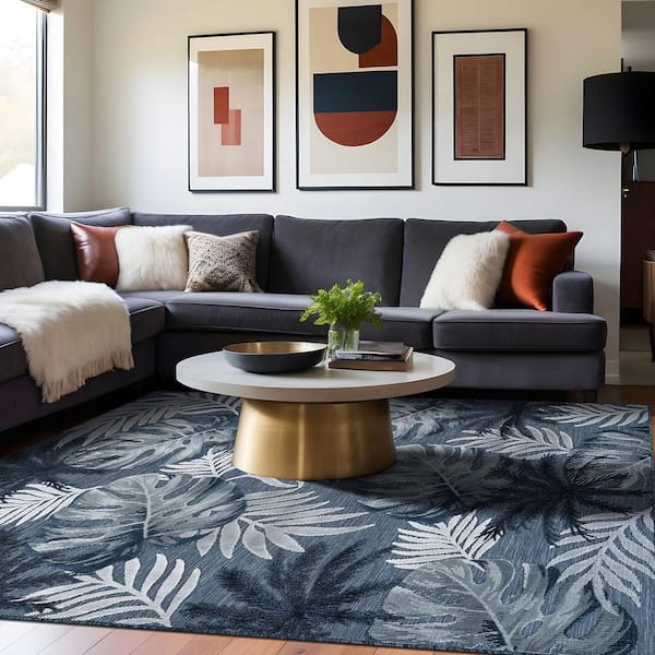 Jungle Navy 9 ft. x 12 ft. Washable Tropical Floral Indoor Outdoor