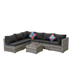 7-Piece Outdoor Gray PE Rattan Wicker Sofa Set Patio Conversation Set with Removable Black Cushions and Coffee Table