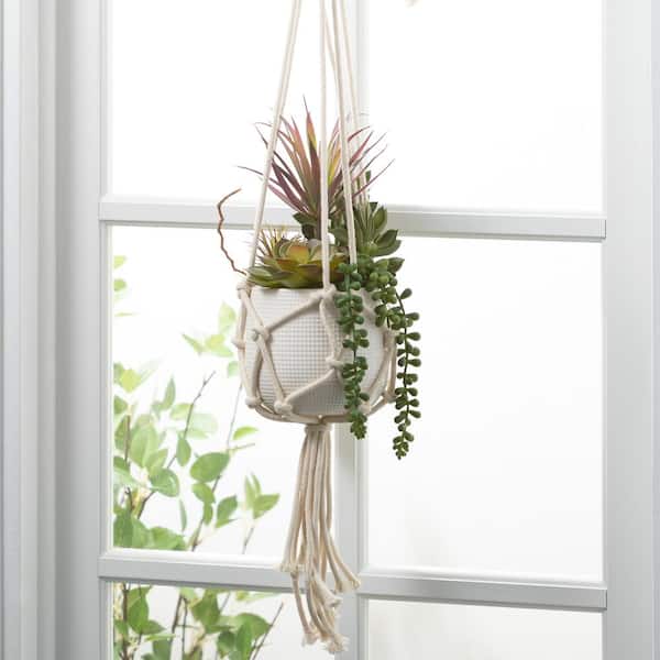 SULLIVANS 12" Artificial Potted Green Macrame Pendent Succulent