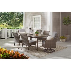 Windsor 7-Piece Brown Wicker Rectangular Outdoor Dining Set with CushionGuard Stone Gray Cushions