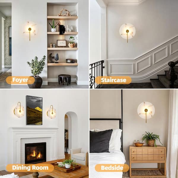 1-Light Faux Alabaster Brass LED Wall Sconce Natural Marble Wall Lighting for Living Room Bedroom and Corridor