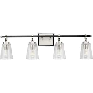 Cassell 33.87 in. 4-Light Brushed Nickel and Matte Black Vanity Light with Clear Glass Shades for Bathroom