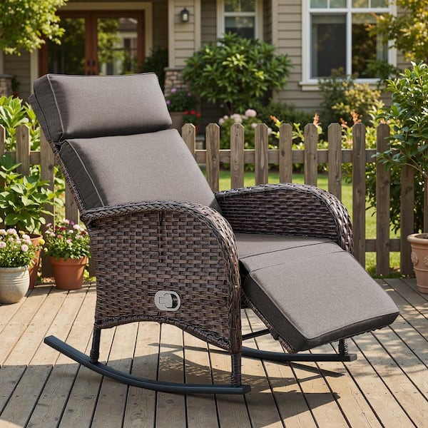 Luna 1-Piece Brown Wicker Outdoor Adjustable Rocker Recliner Chair with Gray Cushions