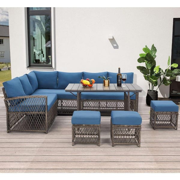 Tenleaf 7-Piece Gray Wicker Patio Conversation Set with Dark Blue ...