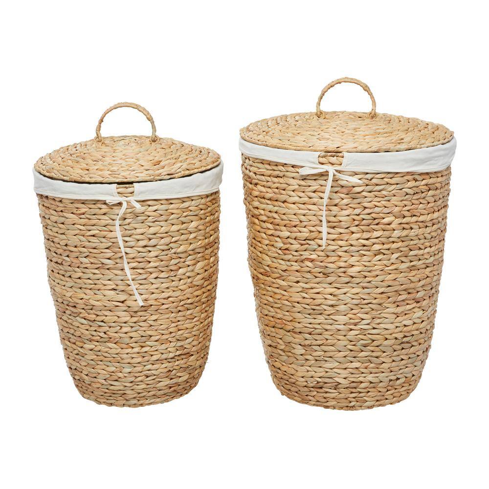 Light Brown Round Seagrass Storage Baskets with Lids, Set of 2