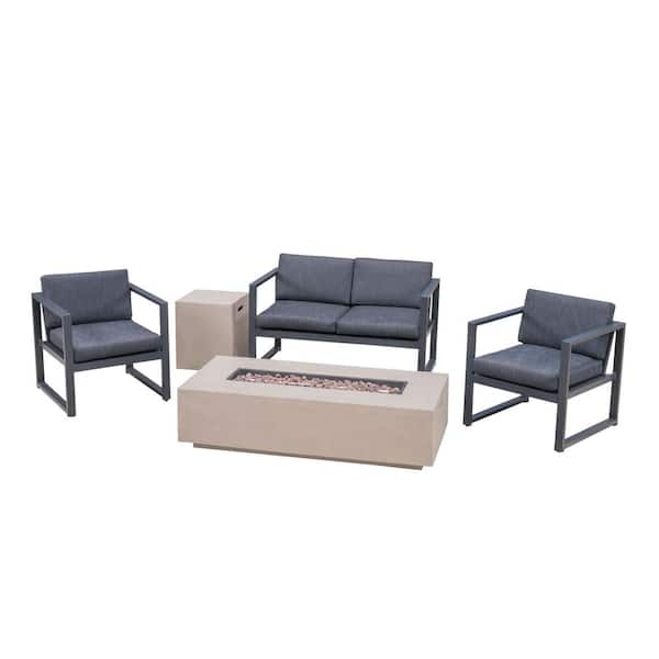 Navan Dark Grey 5-Piece Aluminum Patio Fire Pit Conversation Set with Black Cushions