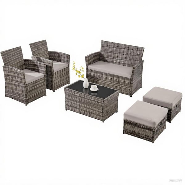JUSKYS 6-Piece Patio Dark-Gray Resin Wicker Conversation Set w/Coffee Table,Ottoman and Dark-Gray Cushions for Patio,Yard,Pool