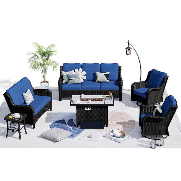 OVIOS Mercury Brown 6-Piece Wicker Patio Rectangle Fire Pit Conversation Seating Set with Navy Blue Cushions